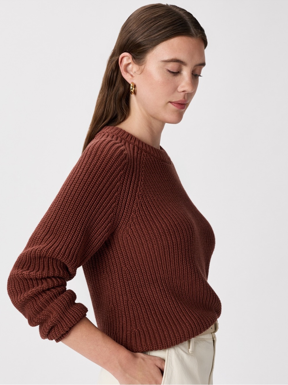 QUINCE 100% Organic Cotton Fisherman Crewneck Sweater Redwood Brown Size M